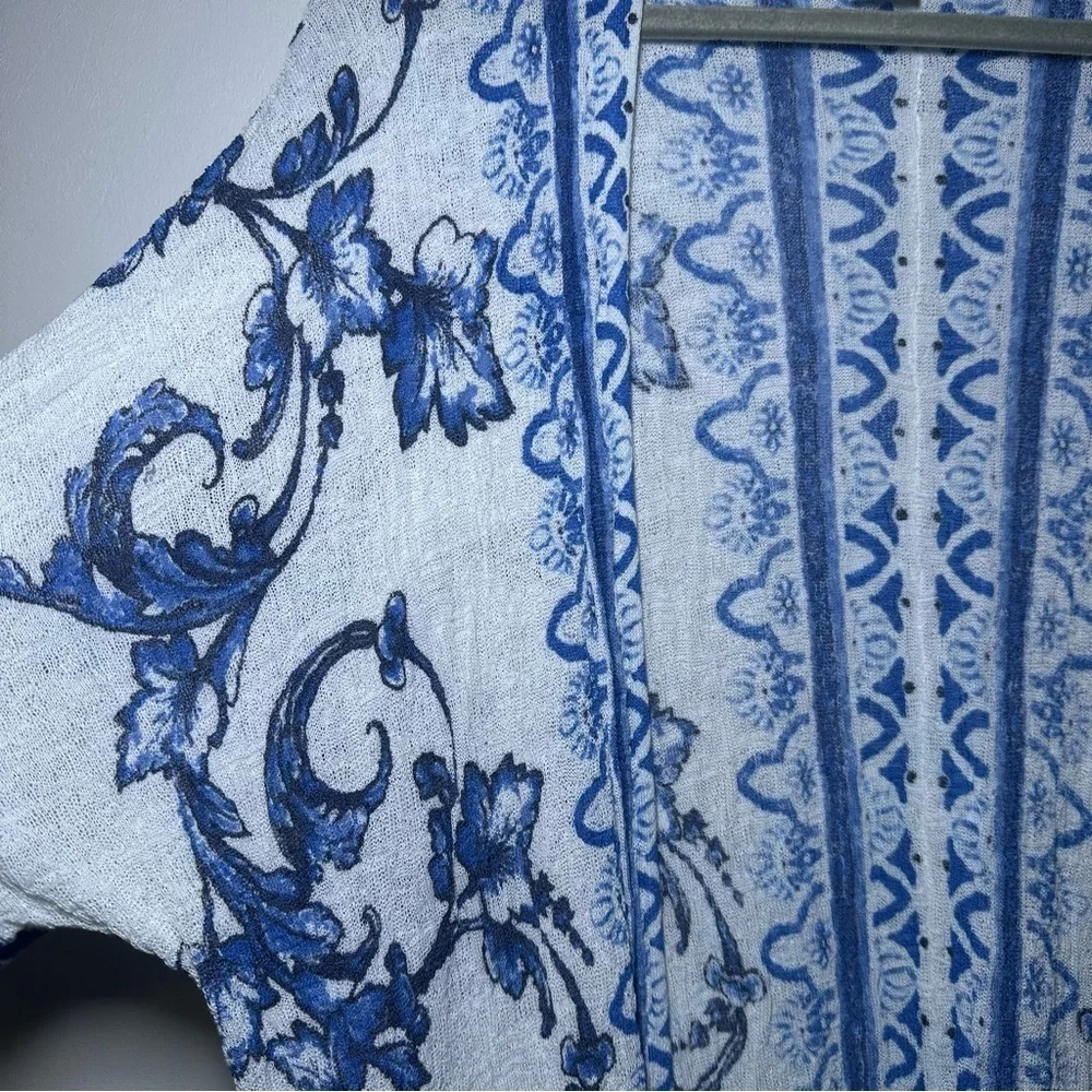 Chico’s Blue White Boho Lightweight Gauzy Longline Open Front Cardigan Kimono